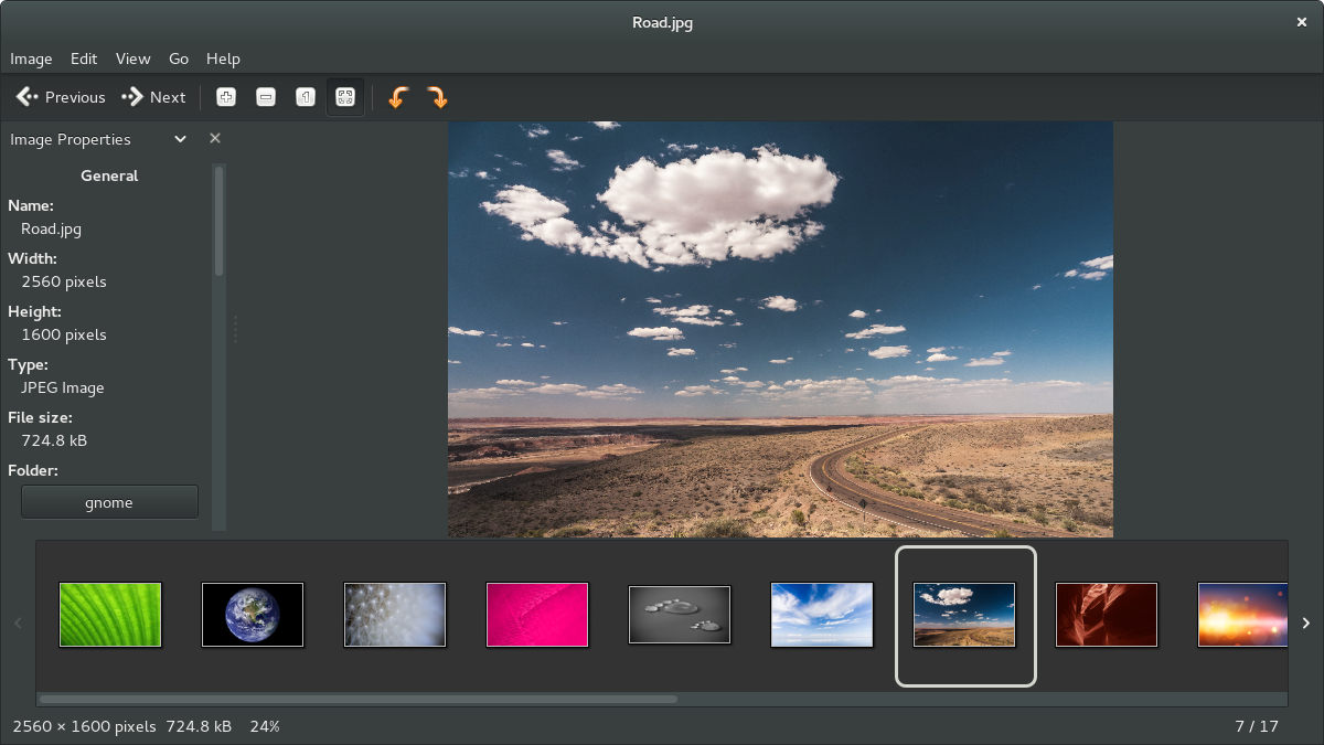 Eye of GNOME Image Viewer: главное окно, боковая панель свойств и лента миниатюр