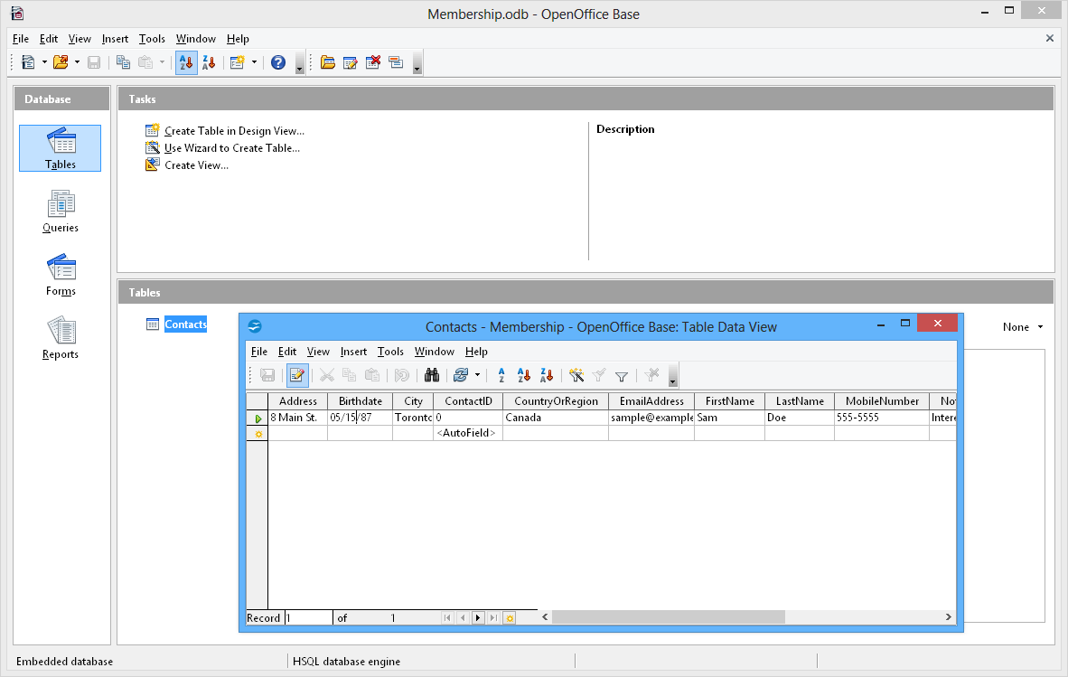 Интерфейс Apache OpenOffice Base