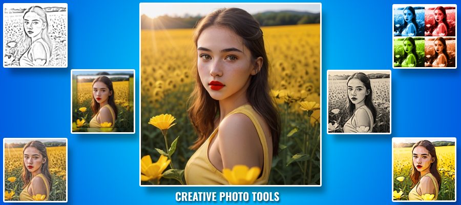 Промо-блок AnyMaking Creative Photo Tools с примерами обработки