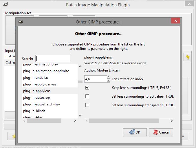 Окно Other GIMP procedure в BIMP со строкой Search, списком процедур и параметрами выбранной процедуры