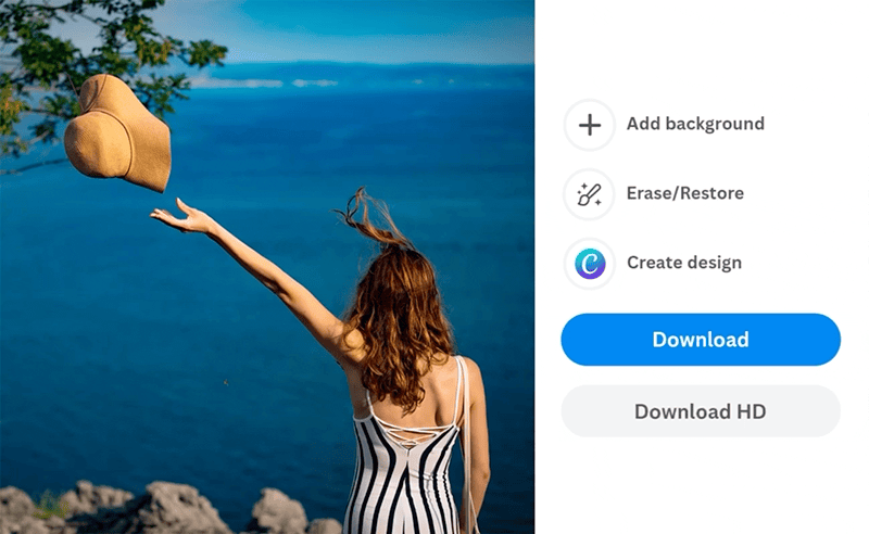 Интерфейс remove.bg после обновления редактора: команды Background, Erase/Restore, Create design и Download находятся рядом с результатом обработки