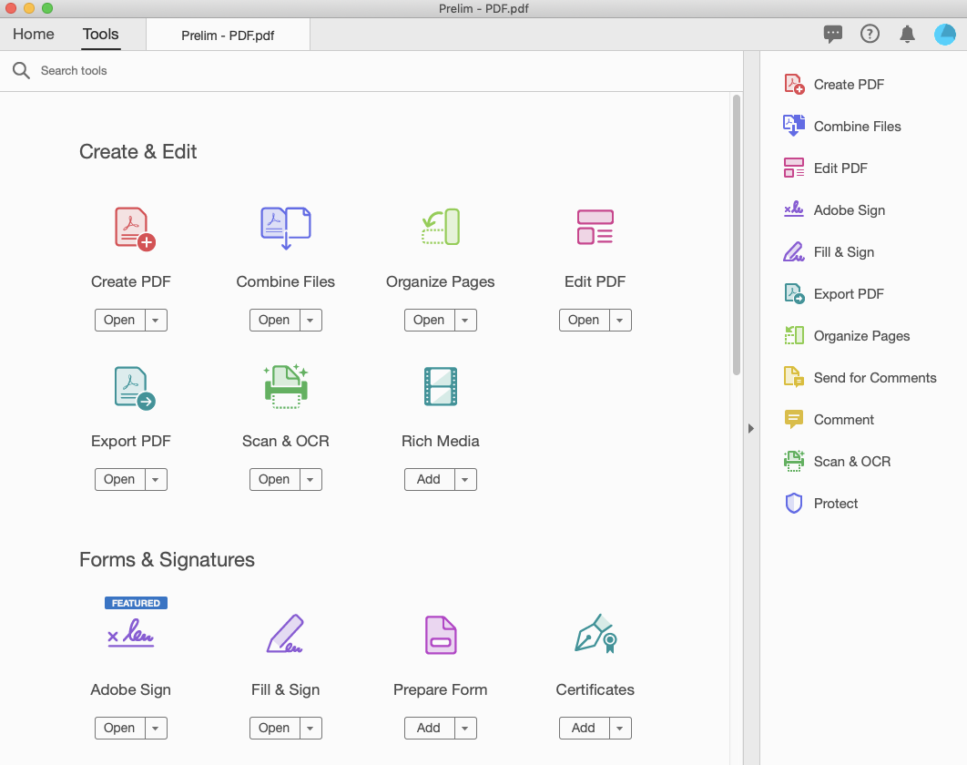 Раздел инструментов Acrobat с командами Create PDF, Combine Files, Edit PDF, Export PDF, Organize Pages, Scan & OCR и Forms & Signatures