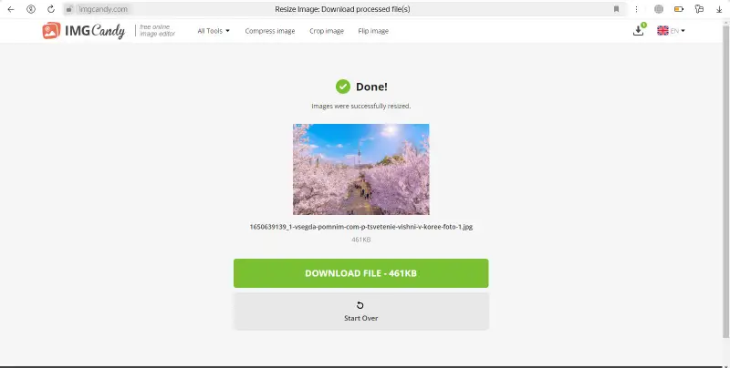 Экран результата после изменения размера в Image Candy