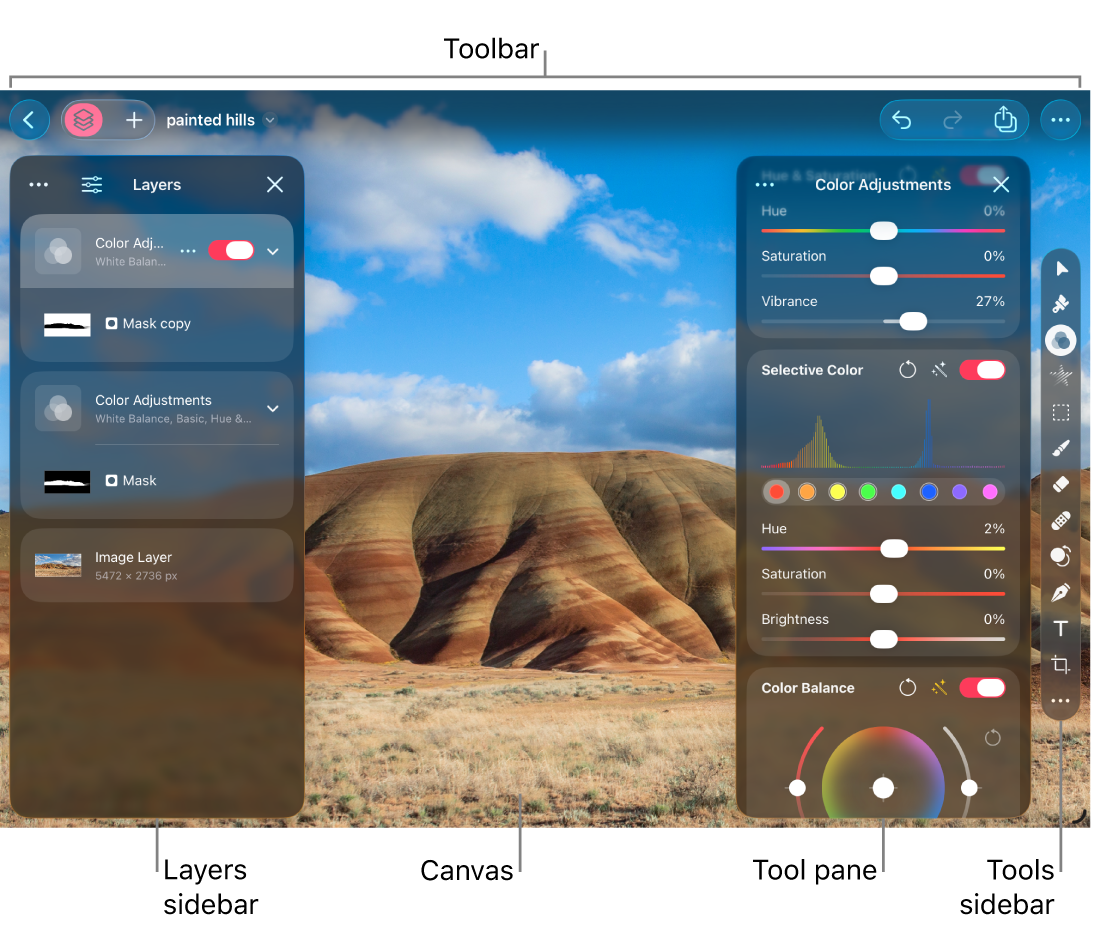 Pixelmator Pro на iPad: Layers sidebar, Color Adjustments и Tools sidebar