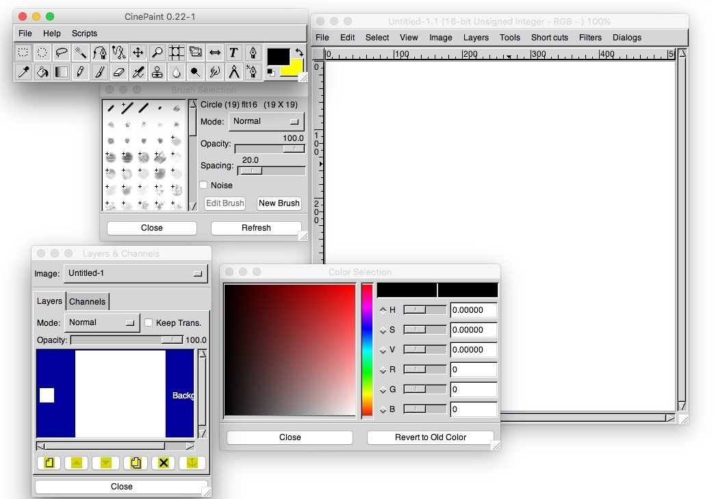 Интерфейс CinePaint с основным окном изображения, панелью инструментов, слоями, каналами и вспомогательными окнами