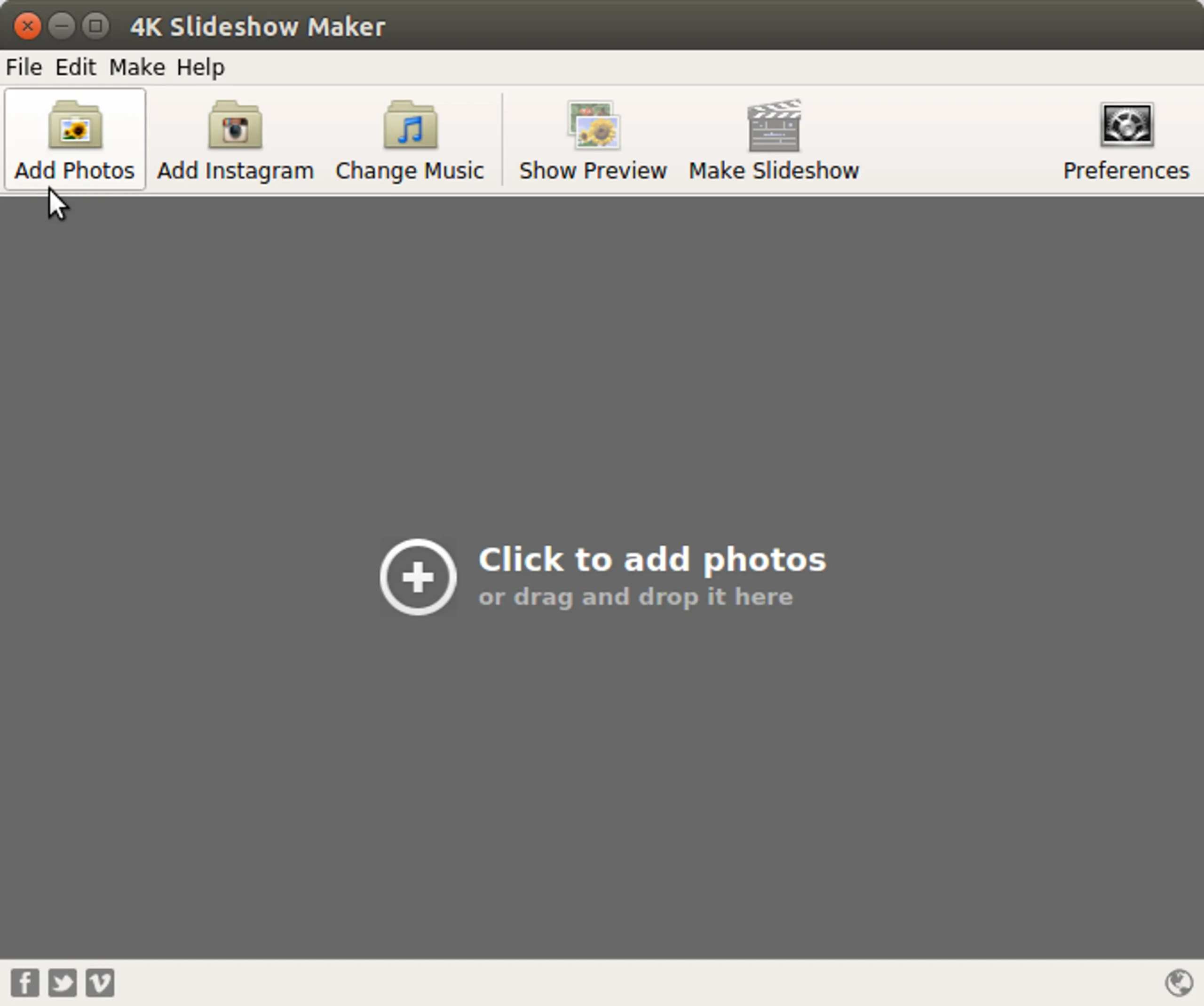 Добавление фотографий в 4K Slideshow Maker через кнопку Add Photos