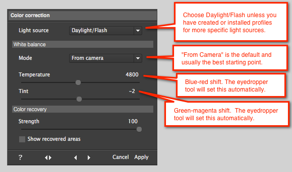 Панель Color correction с настройками Light source, Mode, Temperature, Tint и Color Recovery