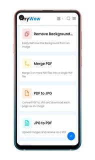TinyWow на мобильном экране: Remove Background, Merge PDF, PDF to JPG и JPG to PDF