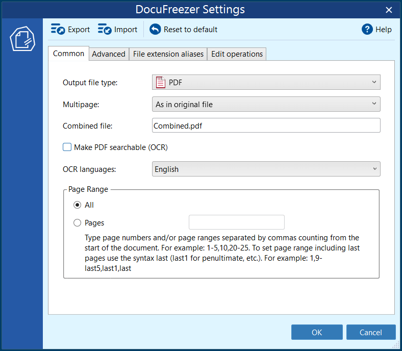 DocuFreezer Settings: вкладка Common с настройками PDF и OCR