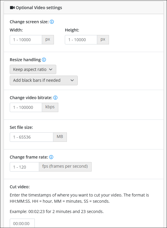 Optional Video settings в Online-Convert.com: размер кадра, битрейт, размер файла, frame rate и обрезка видео