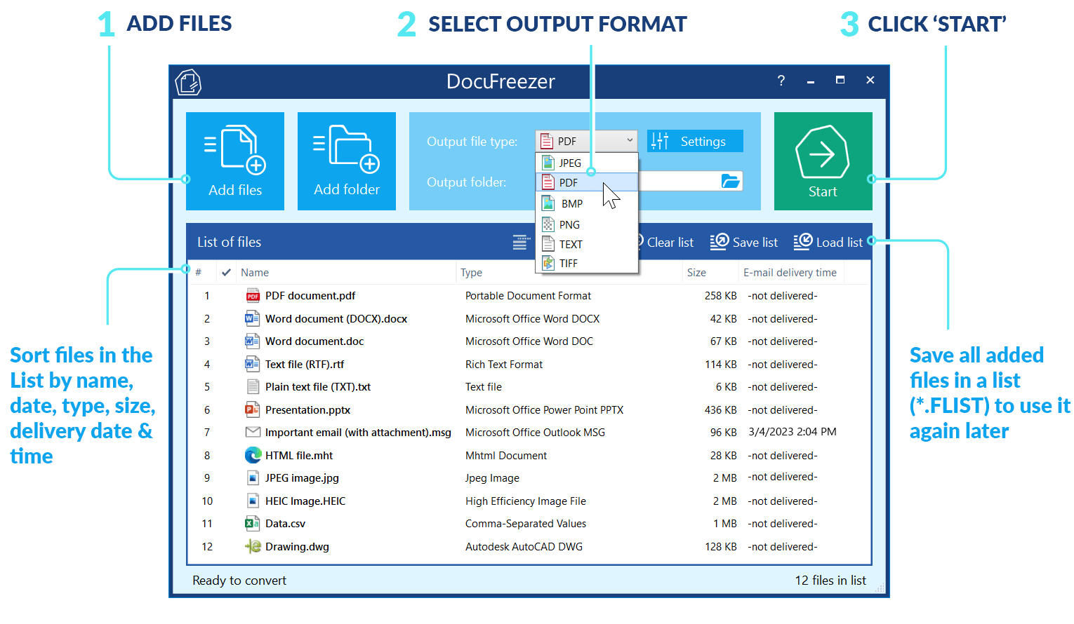 DocuFreezer: базовая схема работы — Add files, Output file type, Start