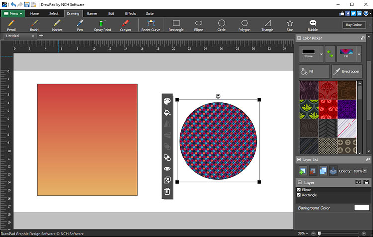 Интерфейс DrawPad с фигурами, градиентной заливкой, паттерном и панелью слоёв