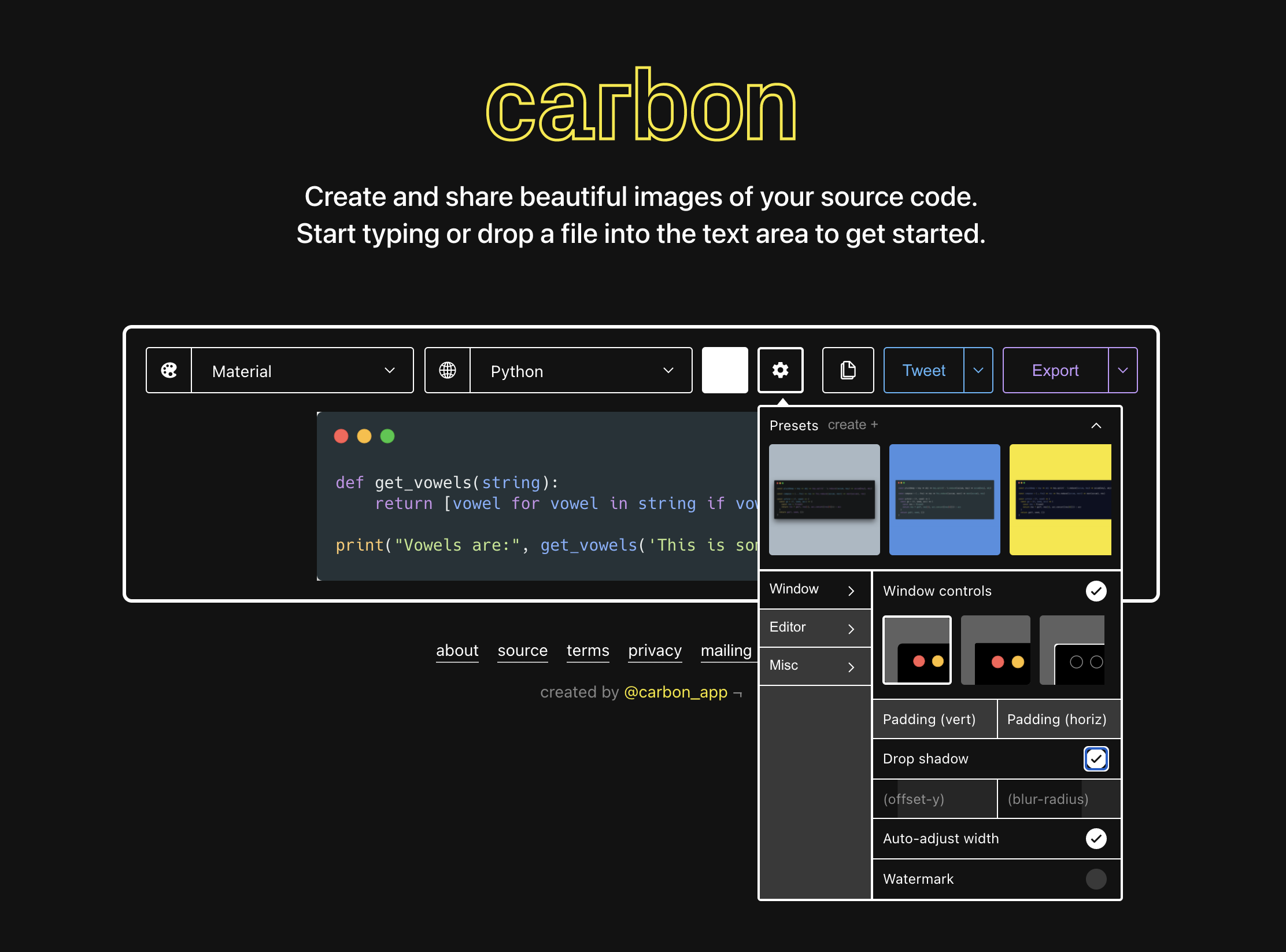 Открытая панель Settings Menu в Carbon с настройками Window, Editor, Misc, Drop shadow и Auto-adjust width