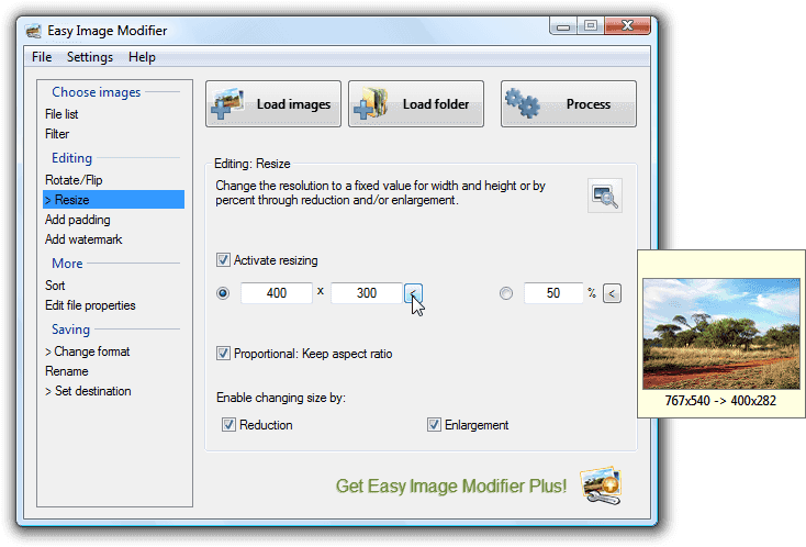 Интерфейс Easy Image Modifier с разделом Resize