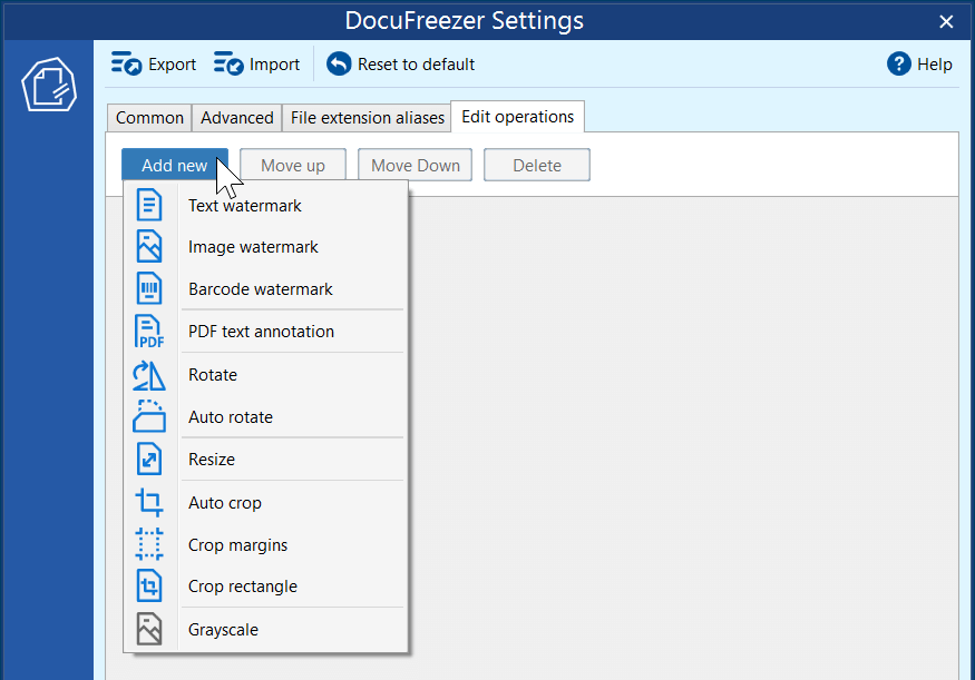 DocuFreezer Settings: вкладка Edit operations и меню Add new
