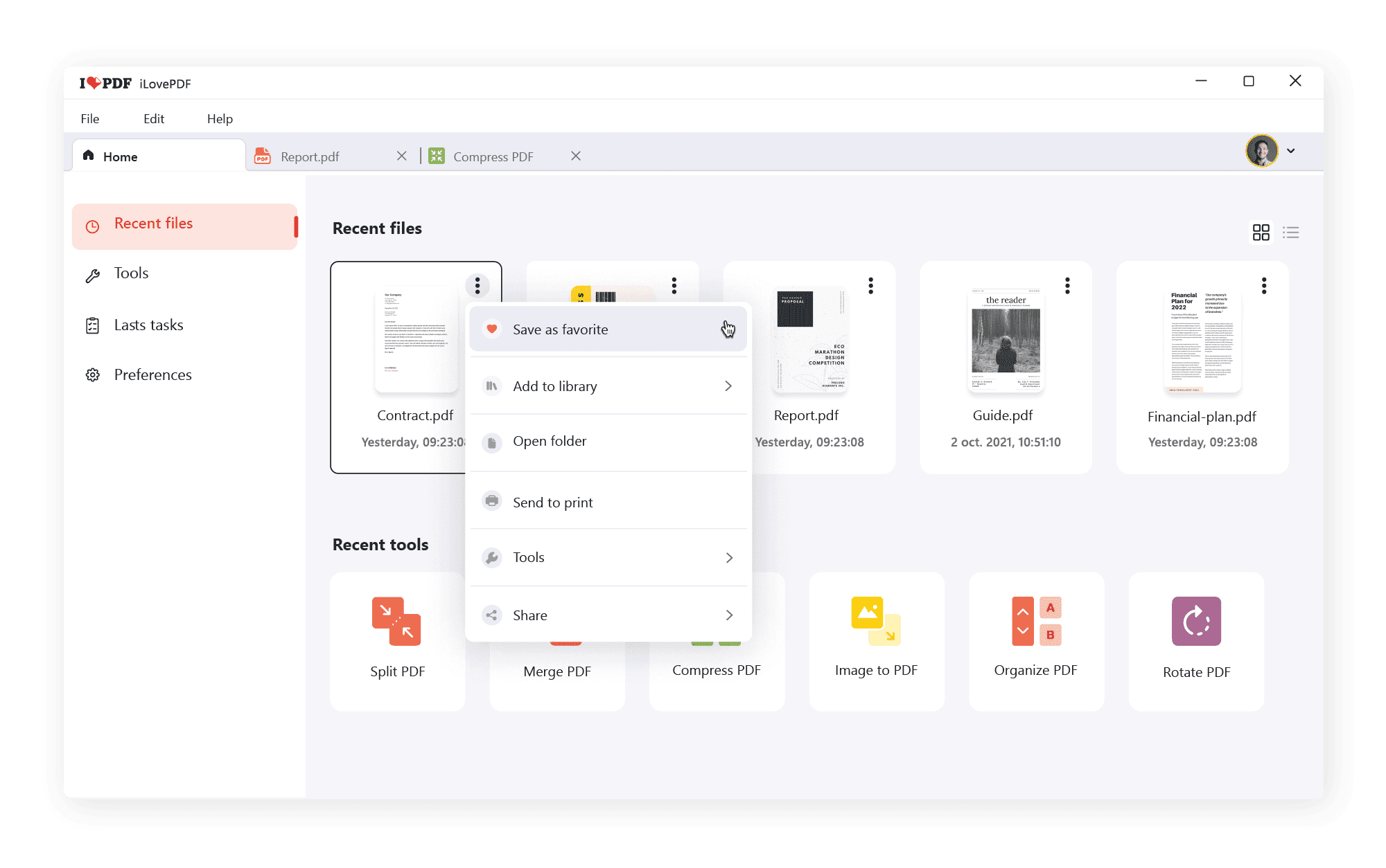 Экран Tools в iLovePDF Desktop