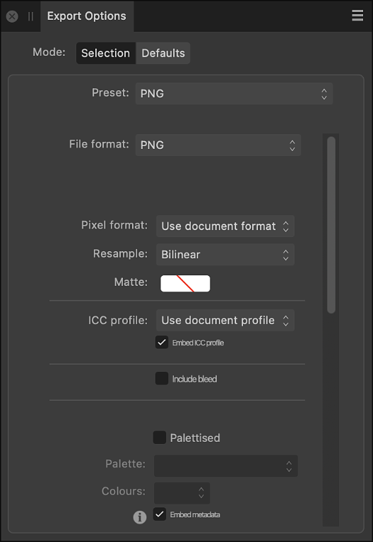 Affinity Designer 2 — панель Export Options