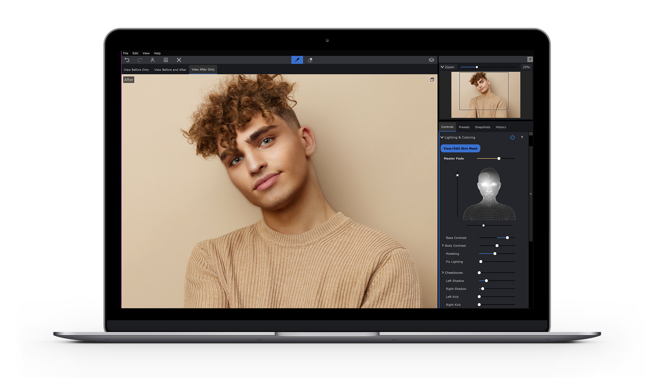 Интерфейс PortraitPro с открытым портретом и правой панелью Lighting & Coloring