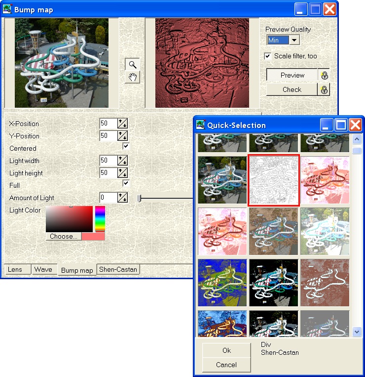 Окно фильтра Bump map в PicMaster с предпросмотром и Quick-Selection
