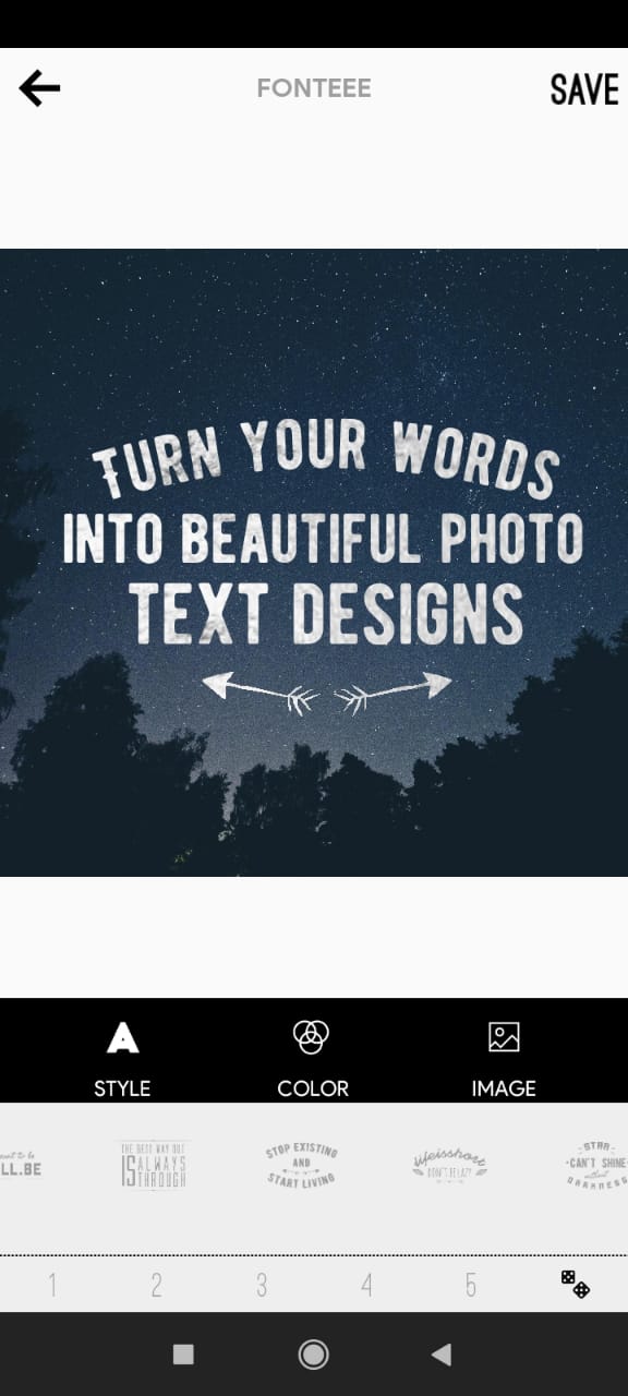 Fonteee — рабочий экран со вкладками STYLE, COLOR и IMAGE