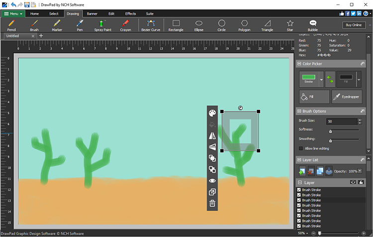 Цифровое рисование в DrawPad: кисти, мазки, холст, Brush Options и список слоёв