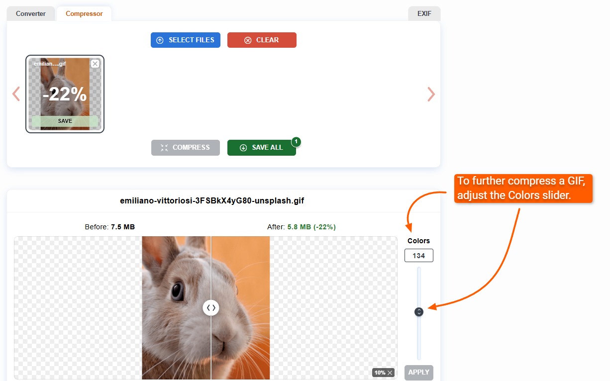 Сжатие GIF в ImageCompressor.com через настройку Colors