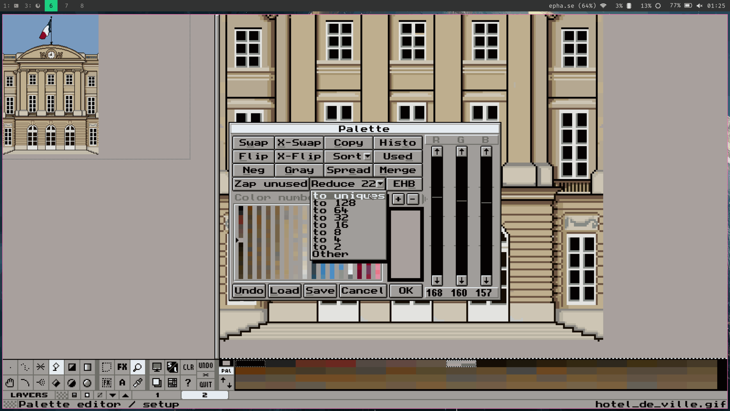Окно Palette в GrafX2 с командами Reduce, X-Swap, Spread, Merge, RGB-ползунками и палитрой изображения
