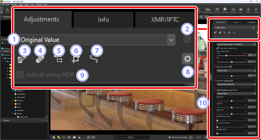 Панель Adjustments/Info Palette в Nikon NX Studio с вкладками Adjustments, Info и XMP/IPTC