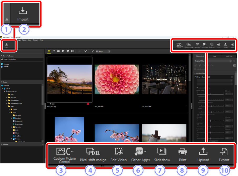 Панель инструментов Nikon NX Studio с кнопками Import, Pixel shift merge, Edit Video, Other Apps, Slideshow, Print, Upload и Export