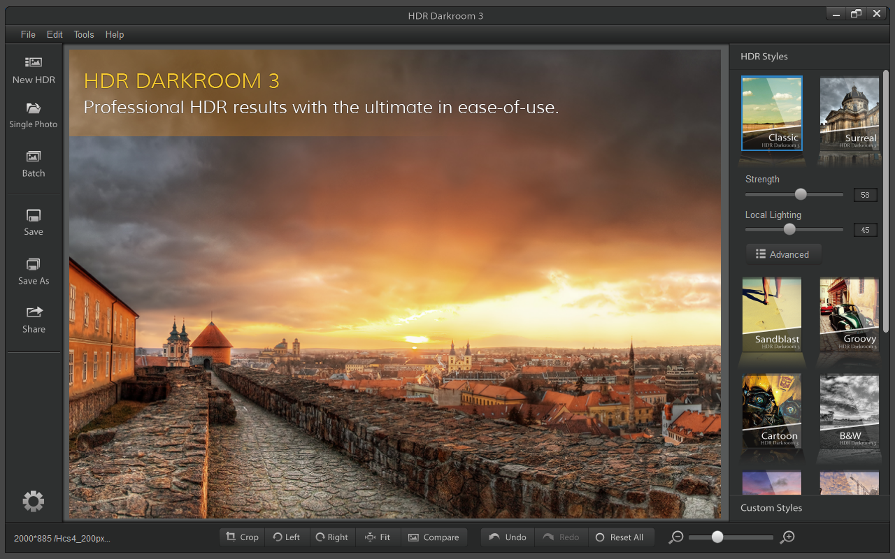 Главное окно HDR Darkroom 3 с панелью New HDR, Single Photo, Batch, Save, Save As и HDR Styles