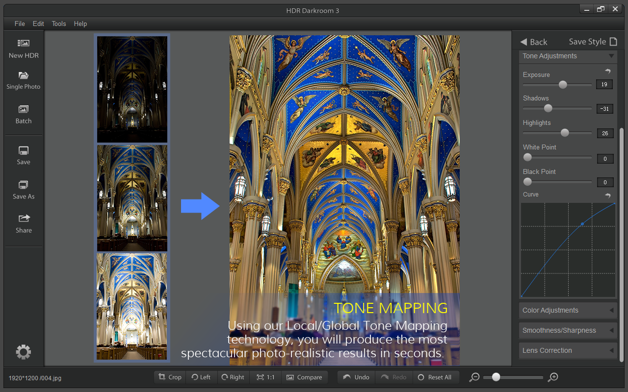Расширенные настройки Tone Adjustments и кривая в HDR Darkroom 3