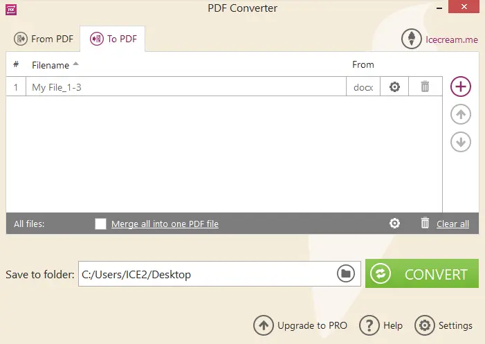 Очередь файлов во вкладке To PDF и опция Merge all into one PDF file