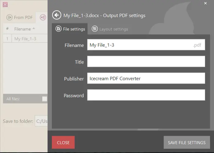 Окно Output PDF settings с полями Filename, Title, Publisher и Password