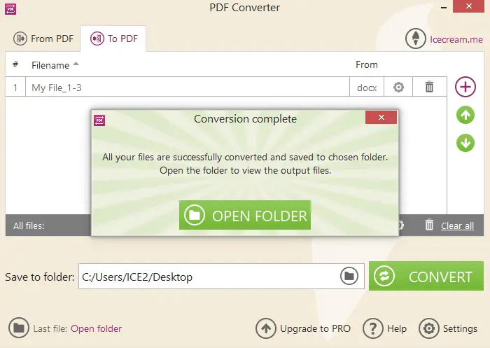 Окно Conversion complete с кнопкой OPEN FOLDER