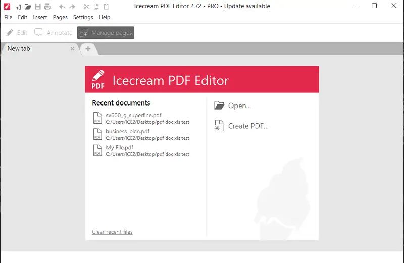 Стартовое окно Icecream PDF Editor с кнопками Open и Create PDF