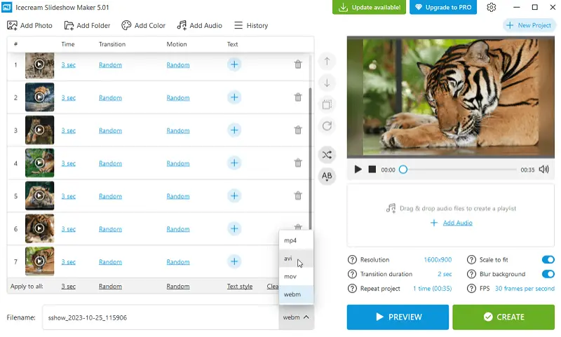 Icecream Slideshow Maker — выбор формата видео MP4, AVI, MOV и WEBM