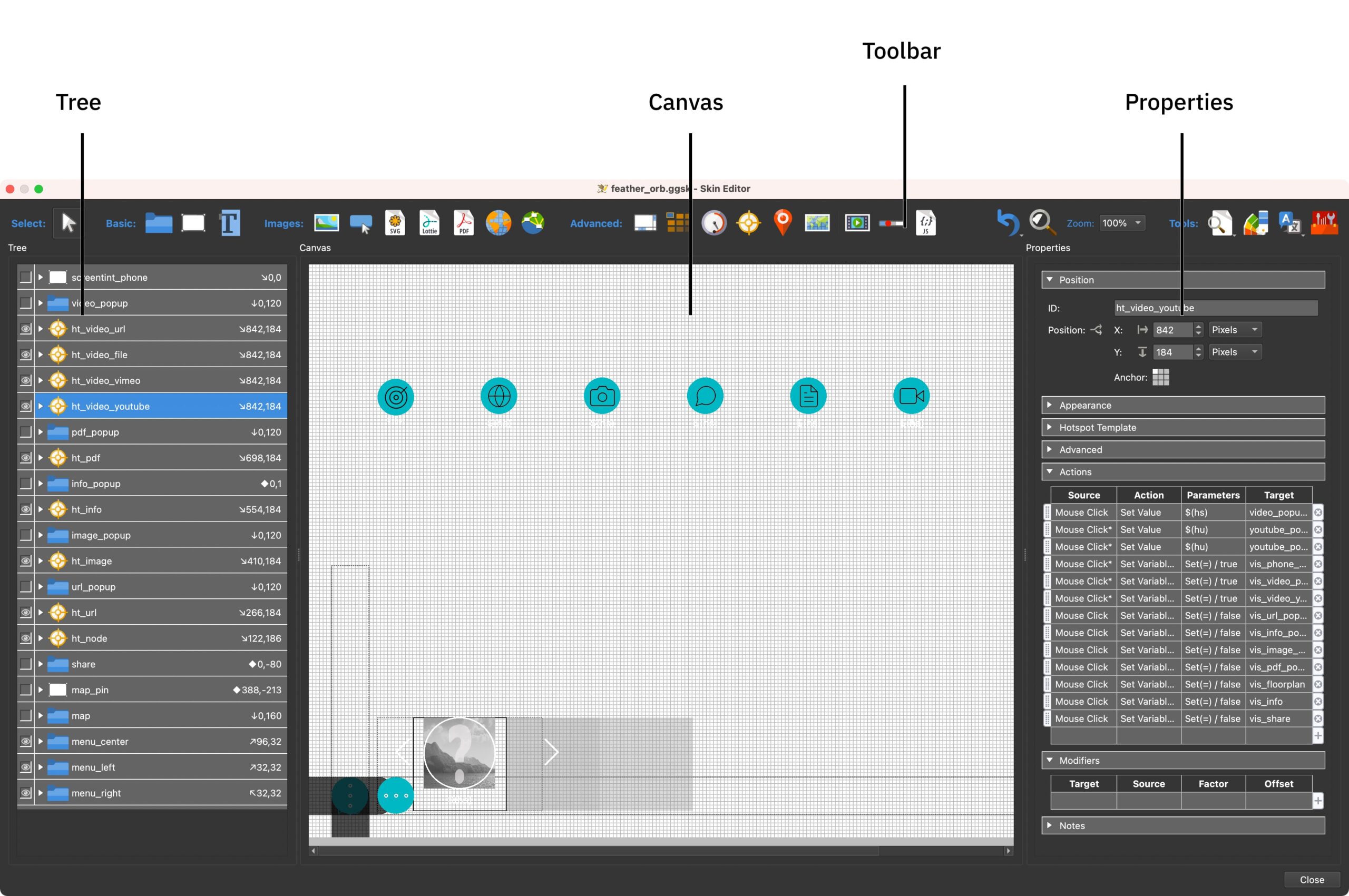 Skin Editor в Pano2VR: Tree, Canvas, Toolbar и Properties