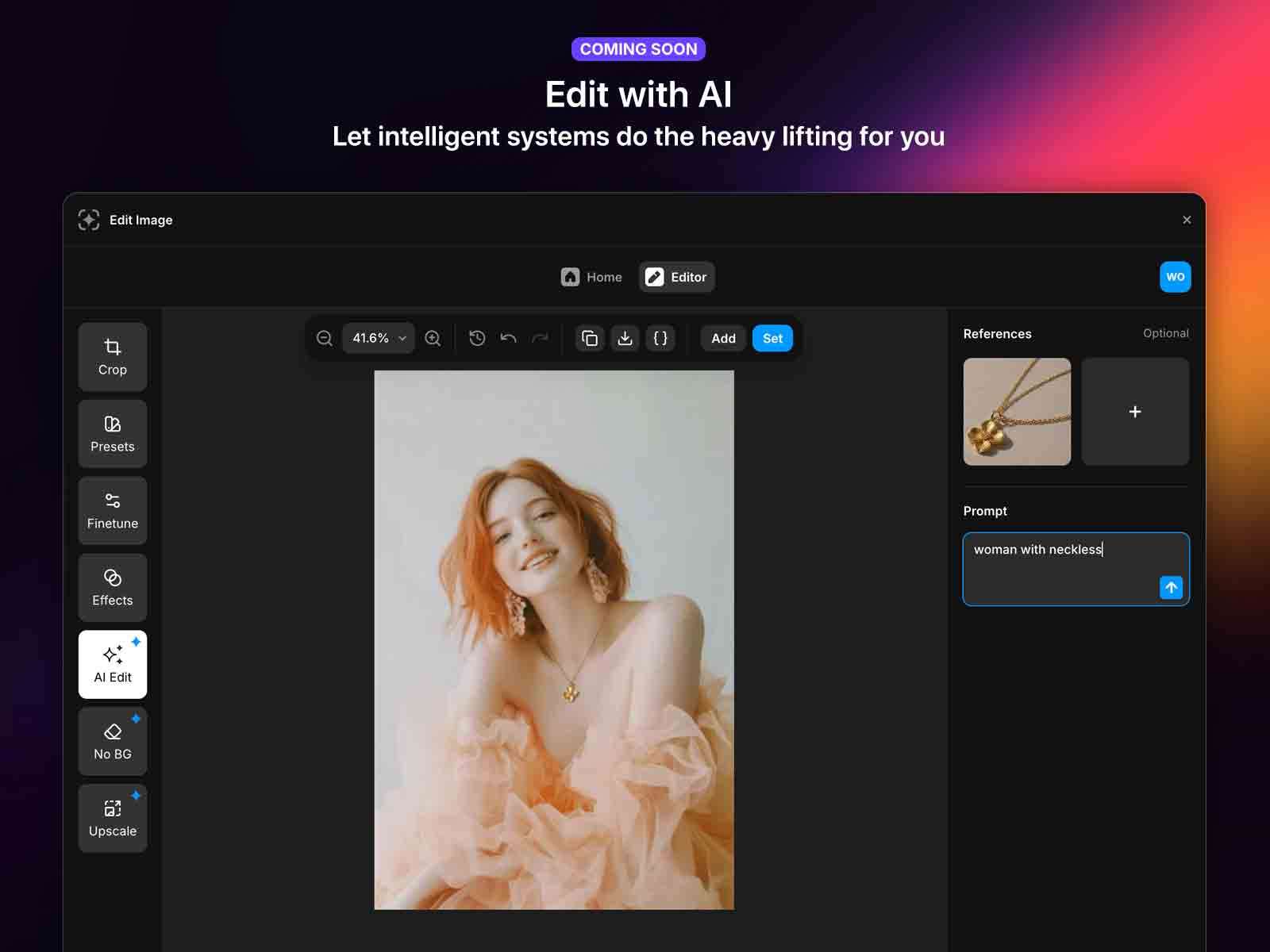 AI Edit в Edit Image Studio: справа References и Prompt, слева рабочий портрет, в поле промпта указано woman with necklace
