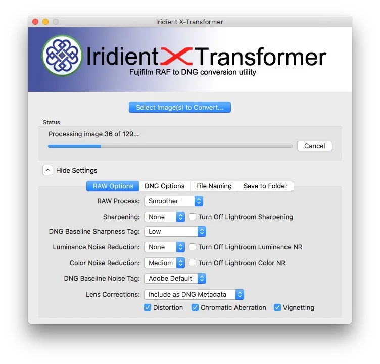 Iridient X-Transformer во время пакетной обработки RAF-файлов