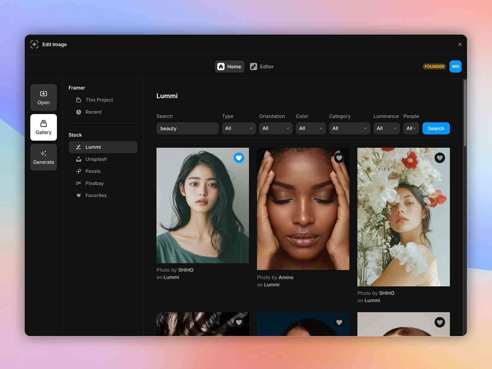 Интерфейс Gallery в Edit Image Studio: боковое меню Open, Gallery, Generate, поиск по Lummi и стоковые источники