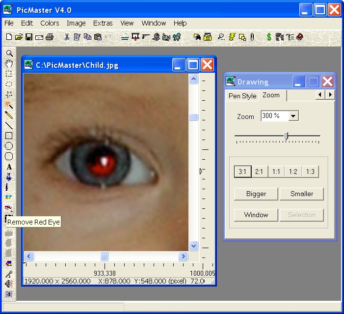 Интерфейс PicMaster с открытым изображением, инструментом Remove Red Eye и окном Drawing