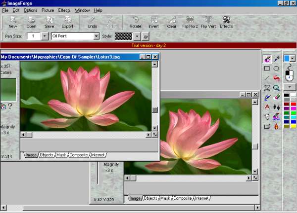 Интерфейс ImageForge с открытыми изображениями, верхней панелью команд и боковыми инструментами
