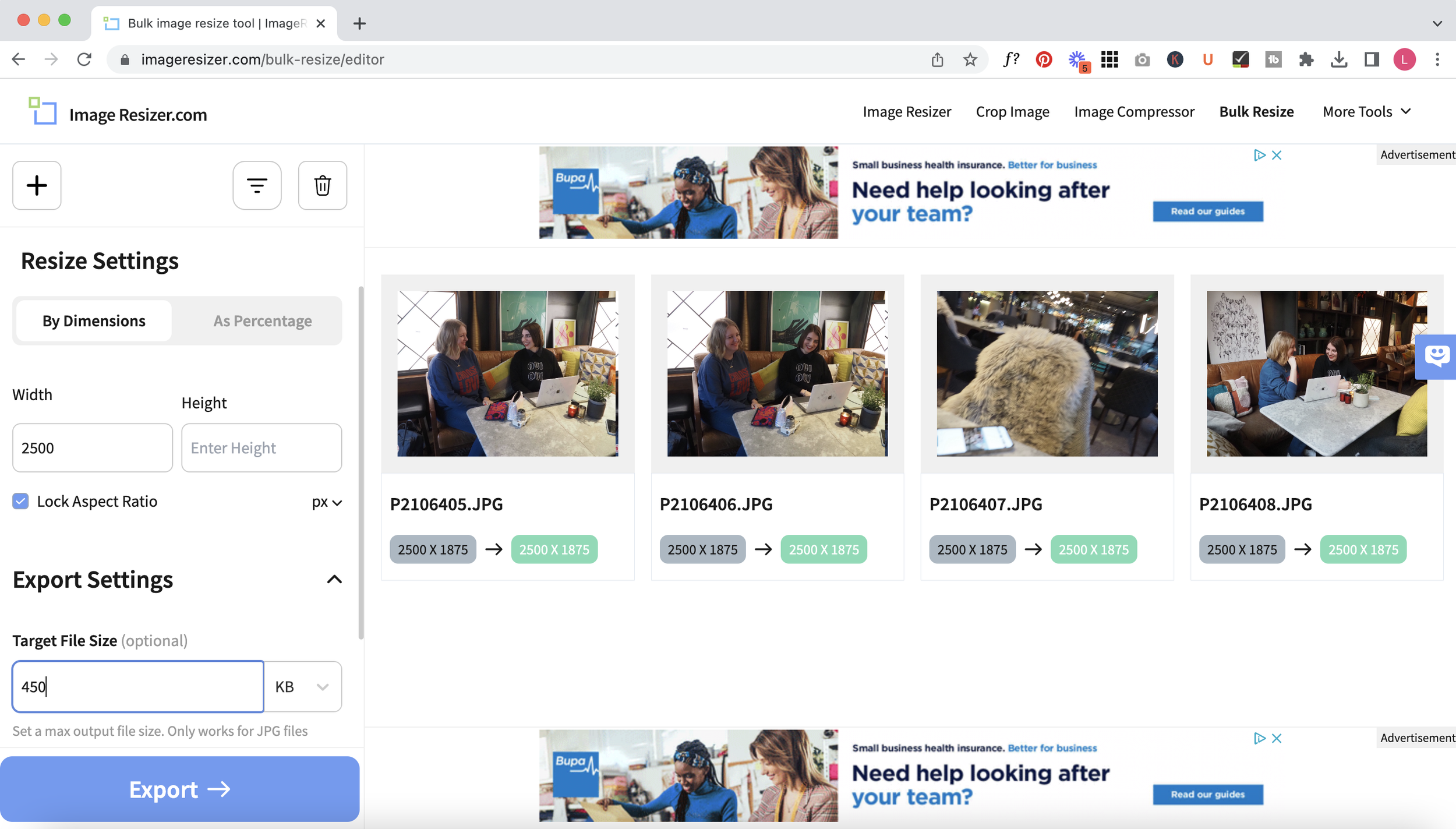Рабочая область ImageResizer.com с Resize Settings и кнопкой Export