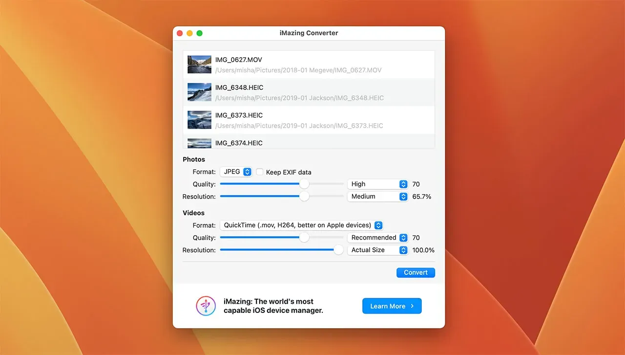 iMazing Converter 2 с добавленными HEIC-фото и MOV-видео, настройками Photos и Videos