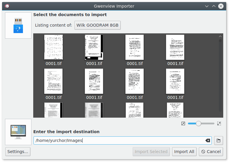 Gwenview Importer со списком файлов и кнопкой Import All