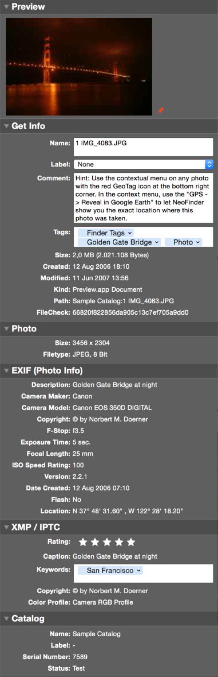 Inspector в NeoFinder с Preview, Get Info, EXIF и XMP/IPTC