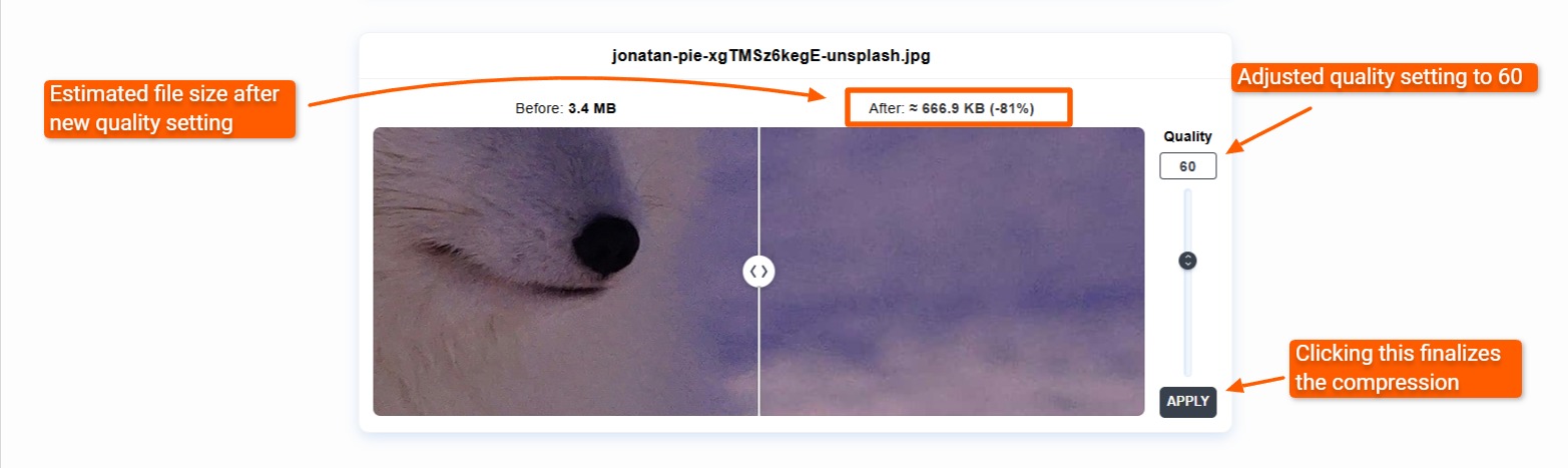 Настройка качества JPEG в ImageCompressor.com и оценка размера после изменения Quality