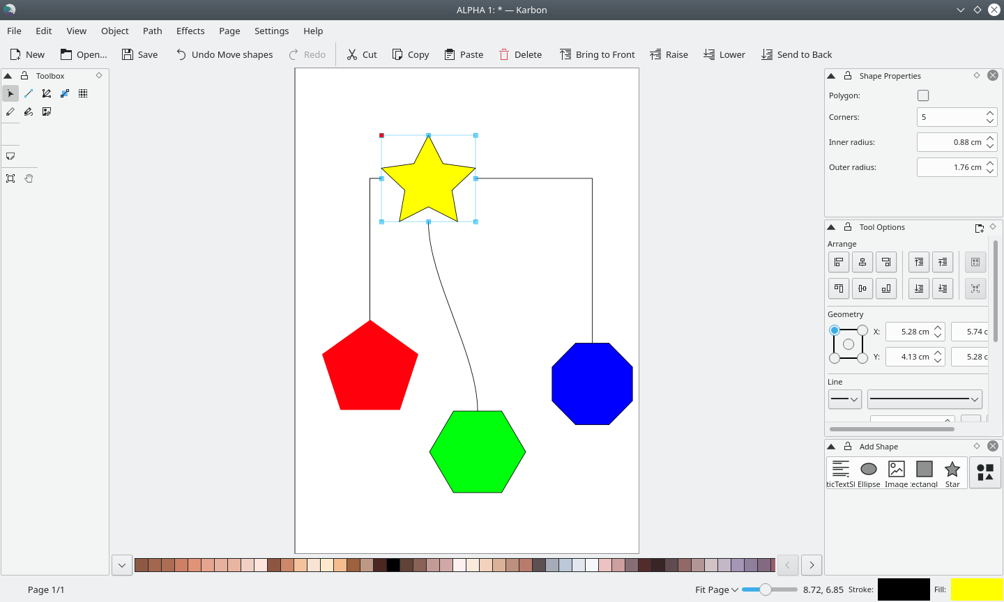 Karbon с простыми фигурами, соединительными линиями, Add Shape, Shape Properties и Tool Options