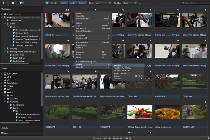 Kyno с контекстным меню Export, Metadata, Markers, Excel и Subclips