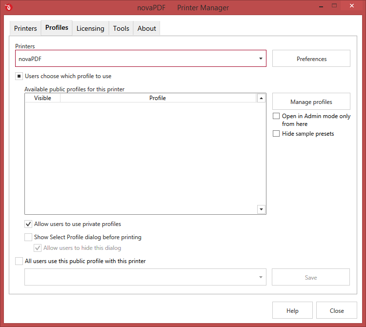 novaPDF Printer Manager Profiles